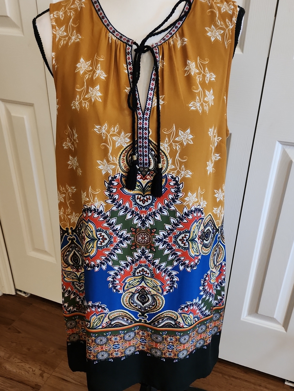 DR2 Mustard, Blue & Green Printed Midi Shift Dress